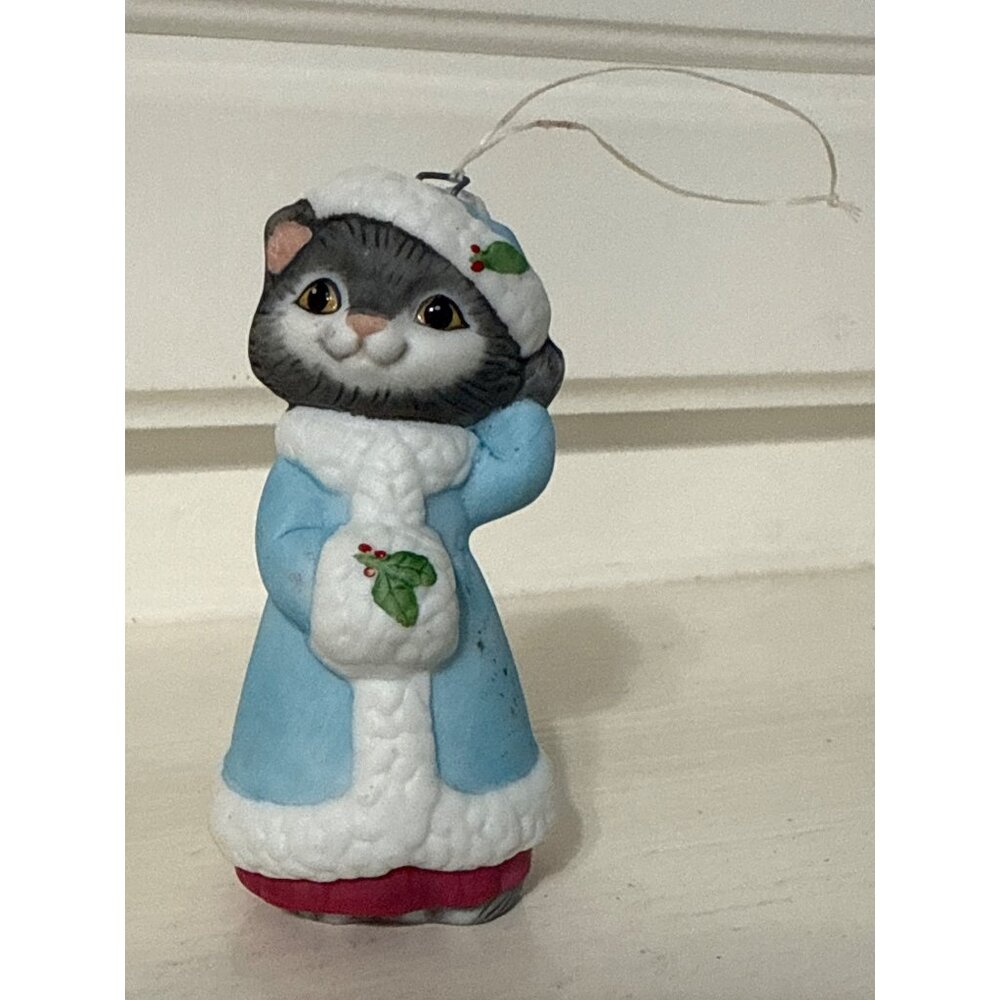 Vintage 1990 Hallmark Cat In Blue Coat Christmas Ornament Figurine